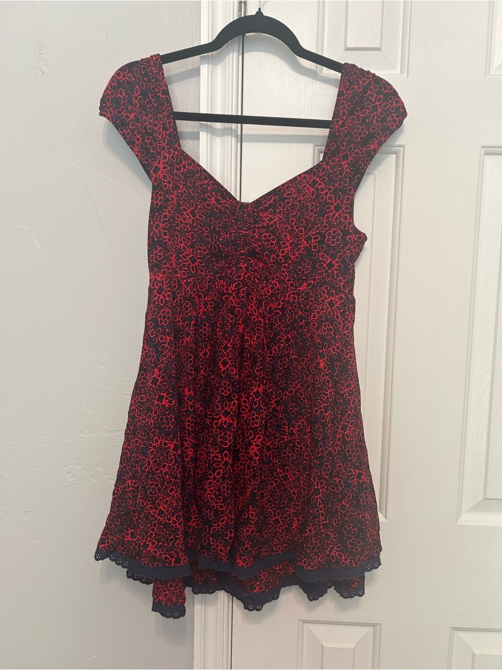 Free People Navy and Red Smocked Floral Blouse